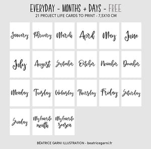 Project Life Cards Everyday - Days and months - Freebie