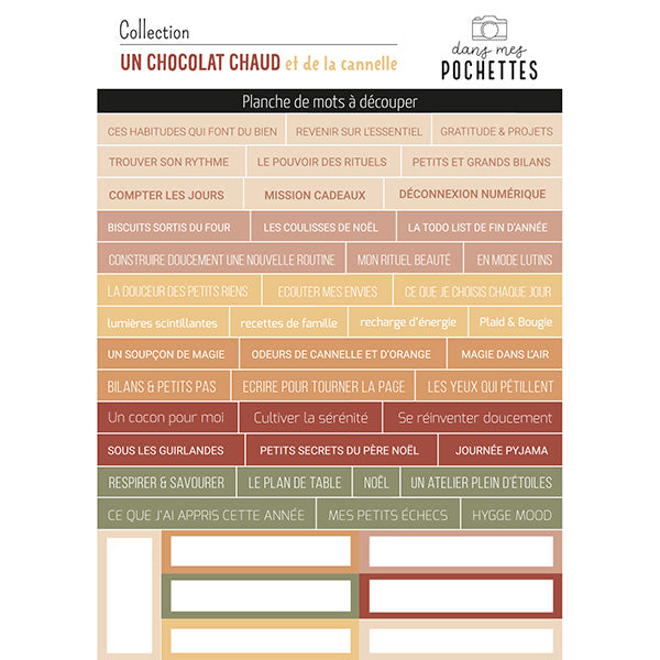 Planche de mots à découper - Un chocolat chaud et de la cannelle  - Dans Mes Pochettes