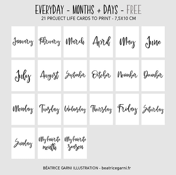 Project Life Cards Everyday - Days and months - Freebie